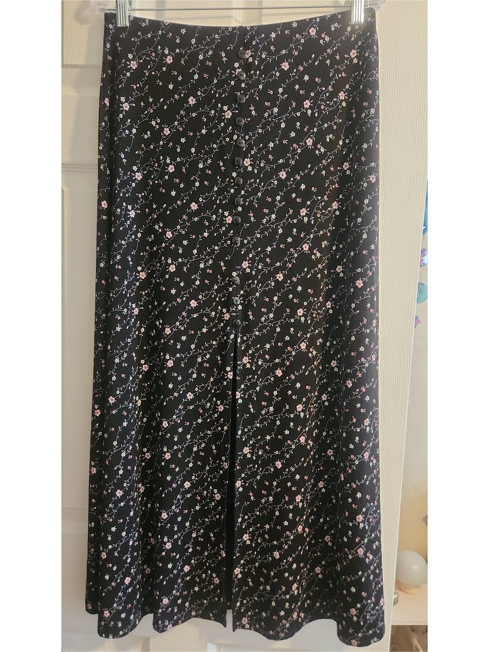 Vintage Black Maxi Skirt with Pink Floral Print - Button-Front